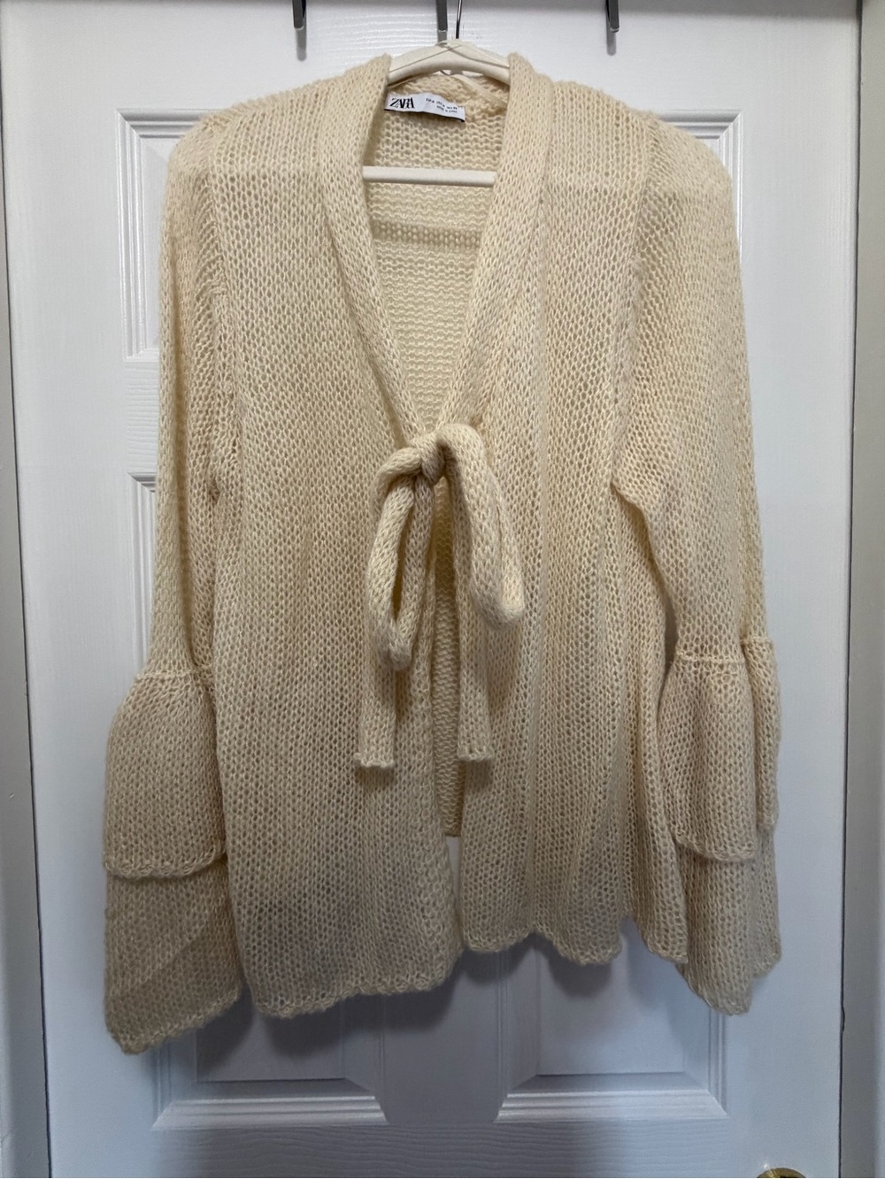 Zara Cream Tie-Front Open Knit Cardigan with Bell Sleeves